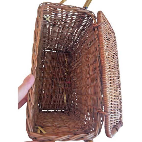 Vintage Coated Wicker Hinged Lidded Basket Stationary Handle Rectangle Storage - Picture 4 of 15